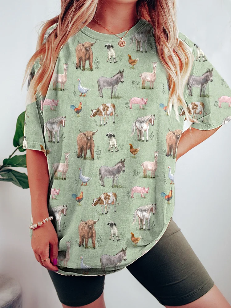VChics Farm Animals Print Casual Loose Cotton T-Shirt