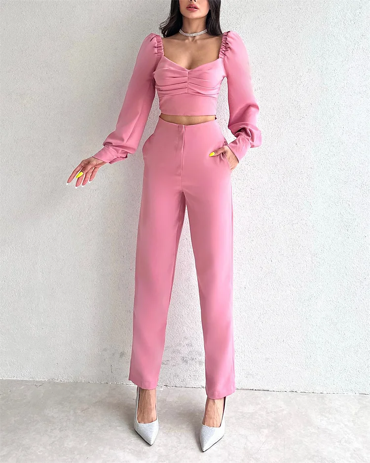 Women's Casual V-neck Pink Two-piece Suit
