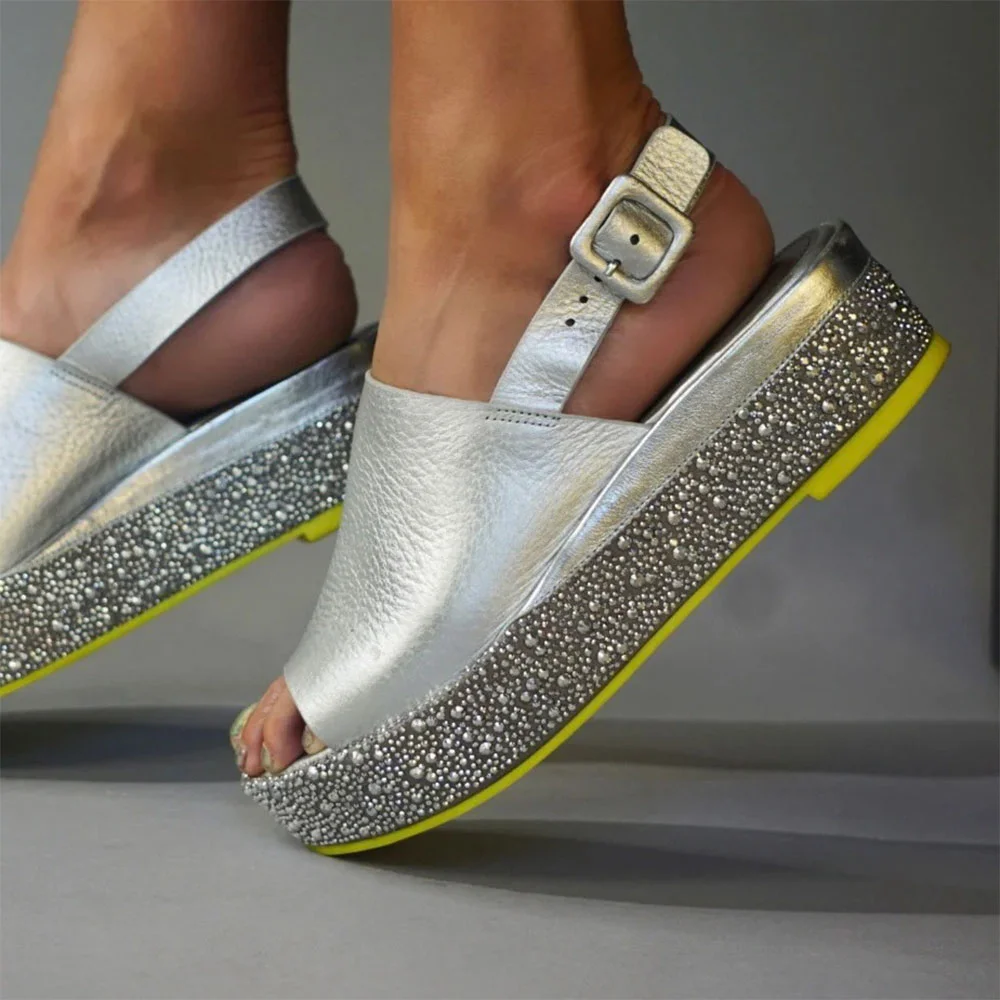 Women's Peep Toe Rhinestone Platform Wedge Heel Silver Sandals