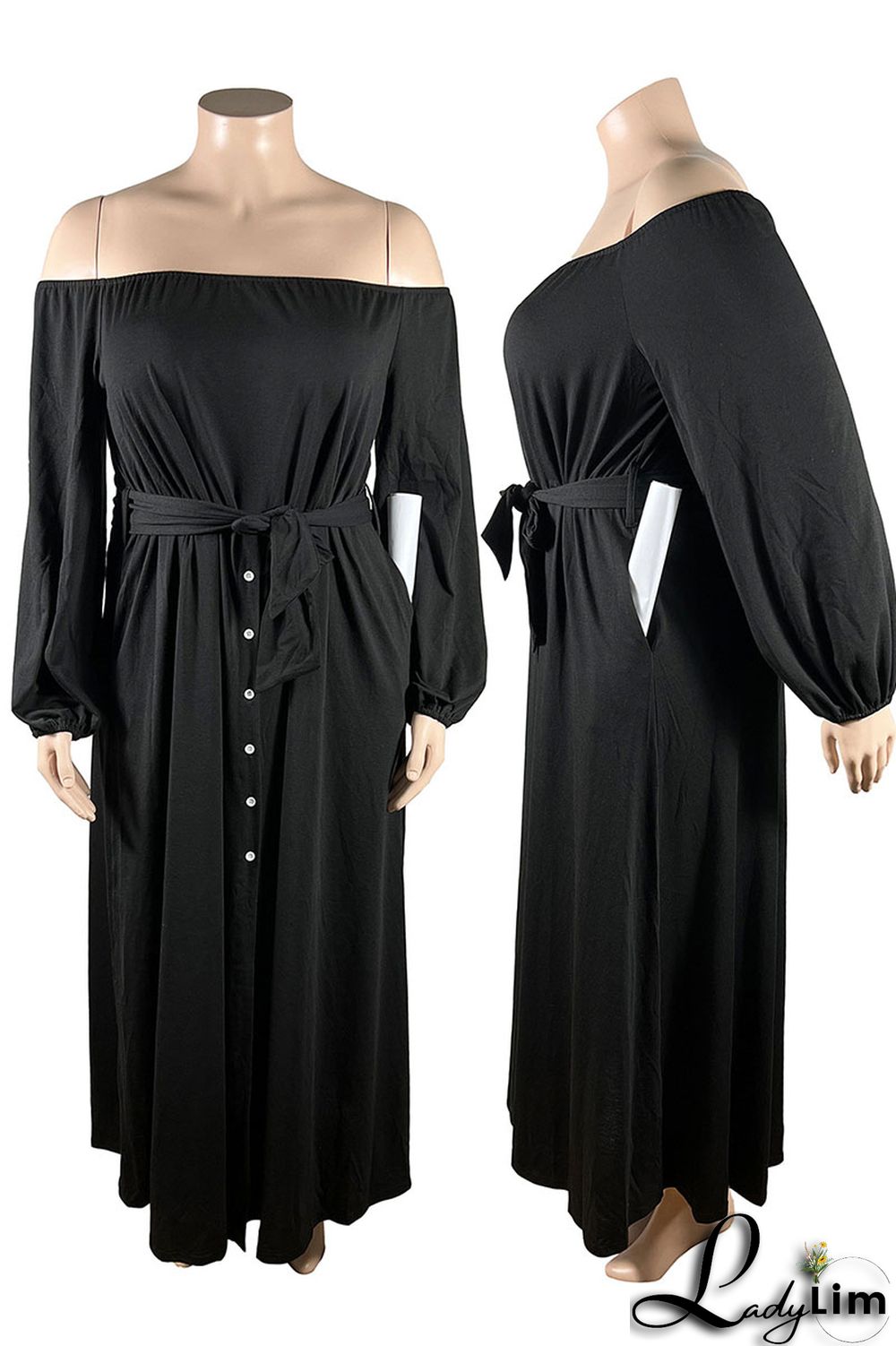 Black Casual Solid Bandage Patchwork Buckle Off the Shoulder Plus Size Dresses