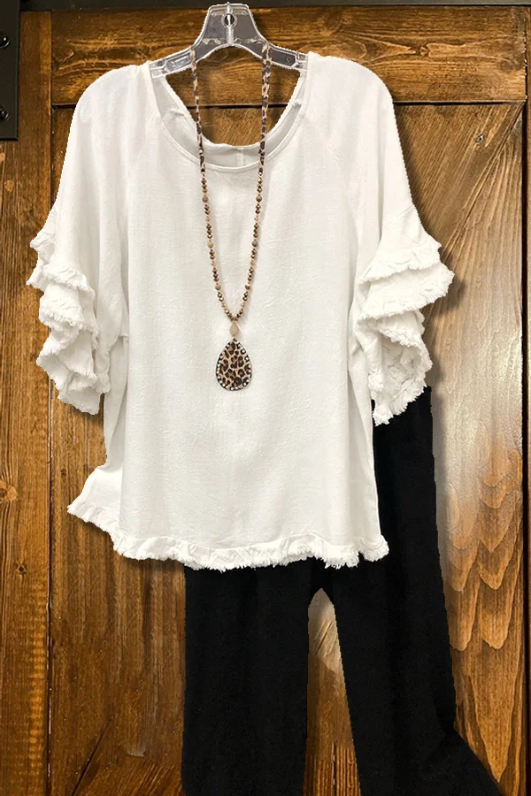 Ruffled Round Neck Cotton T-shirt