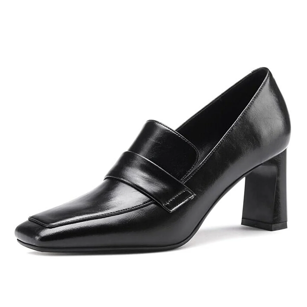 YDN Classic Square Toe Slip-On Chunky Heeled Loafers in Black