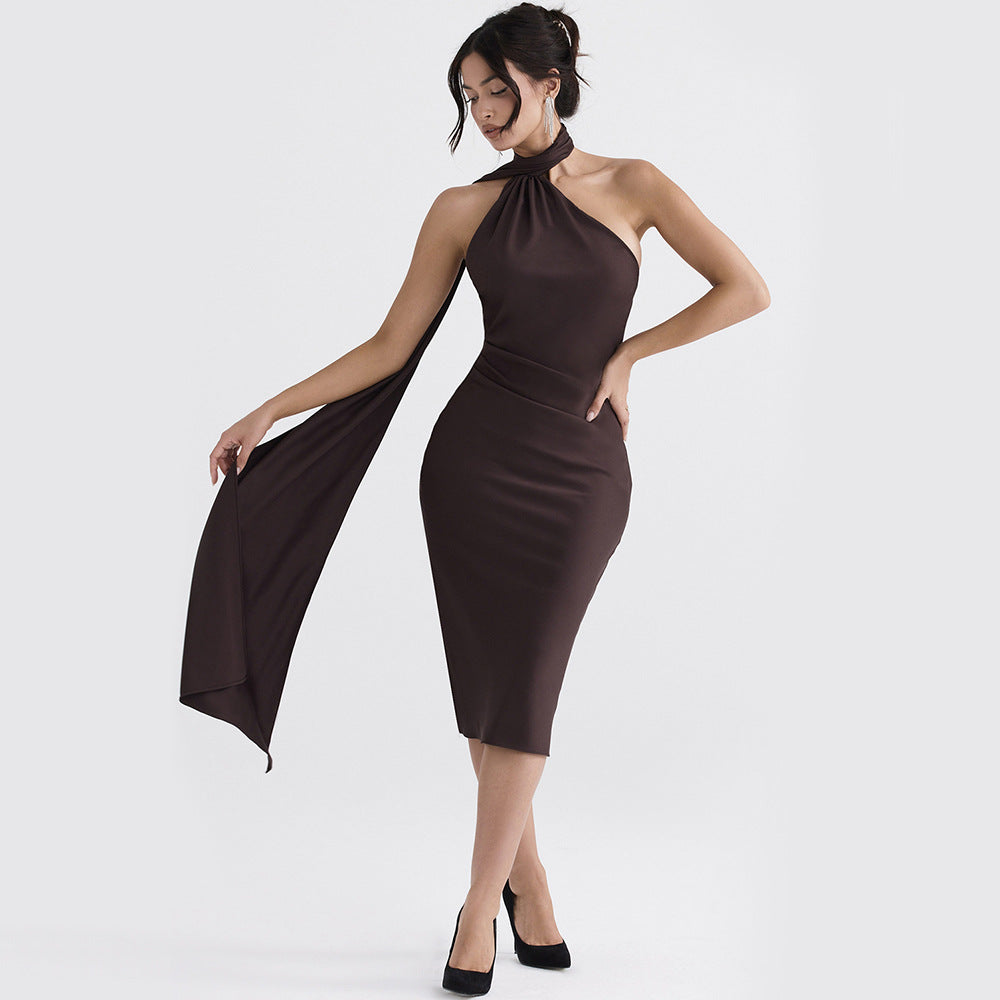 Women Clothing Halter off Shoulder Backless Slim Fit Dress Satin Party Dress Dress Women