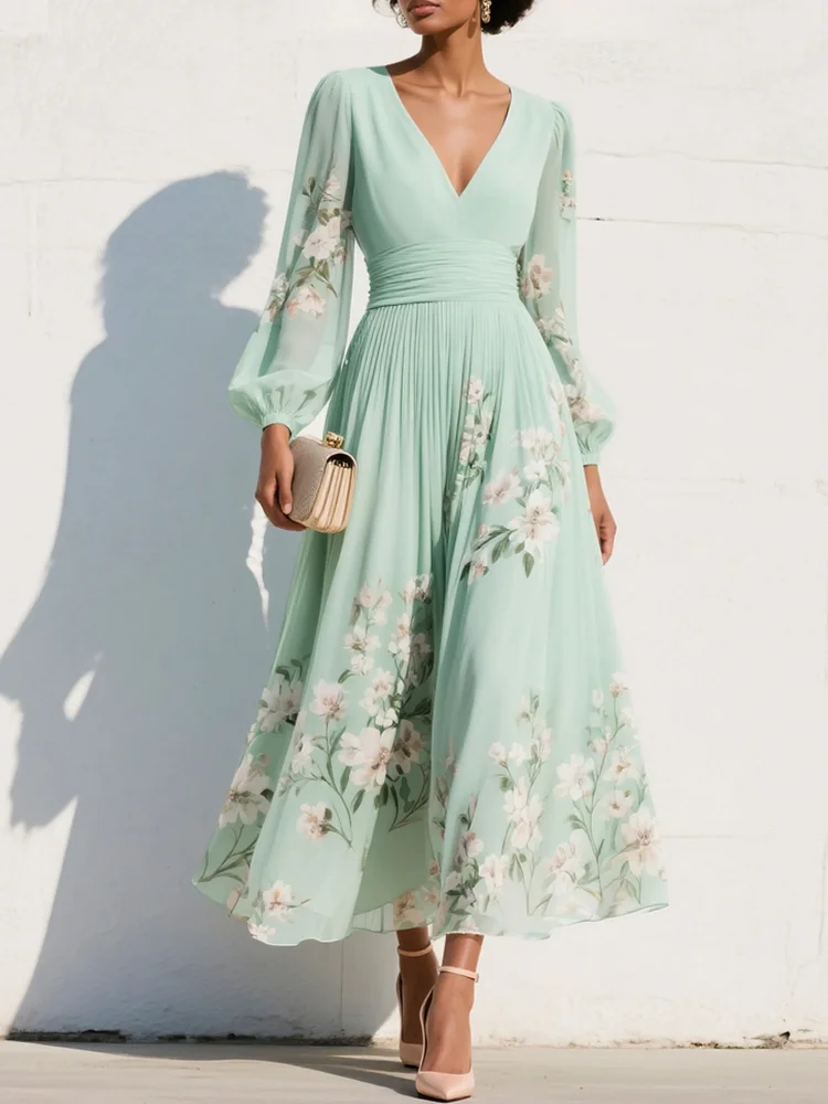 Light Green V-Neck Chiffon Pleated Floral Midi Dress