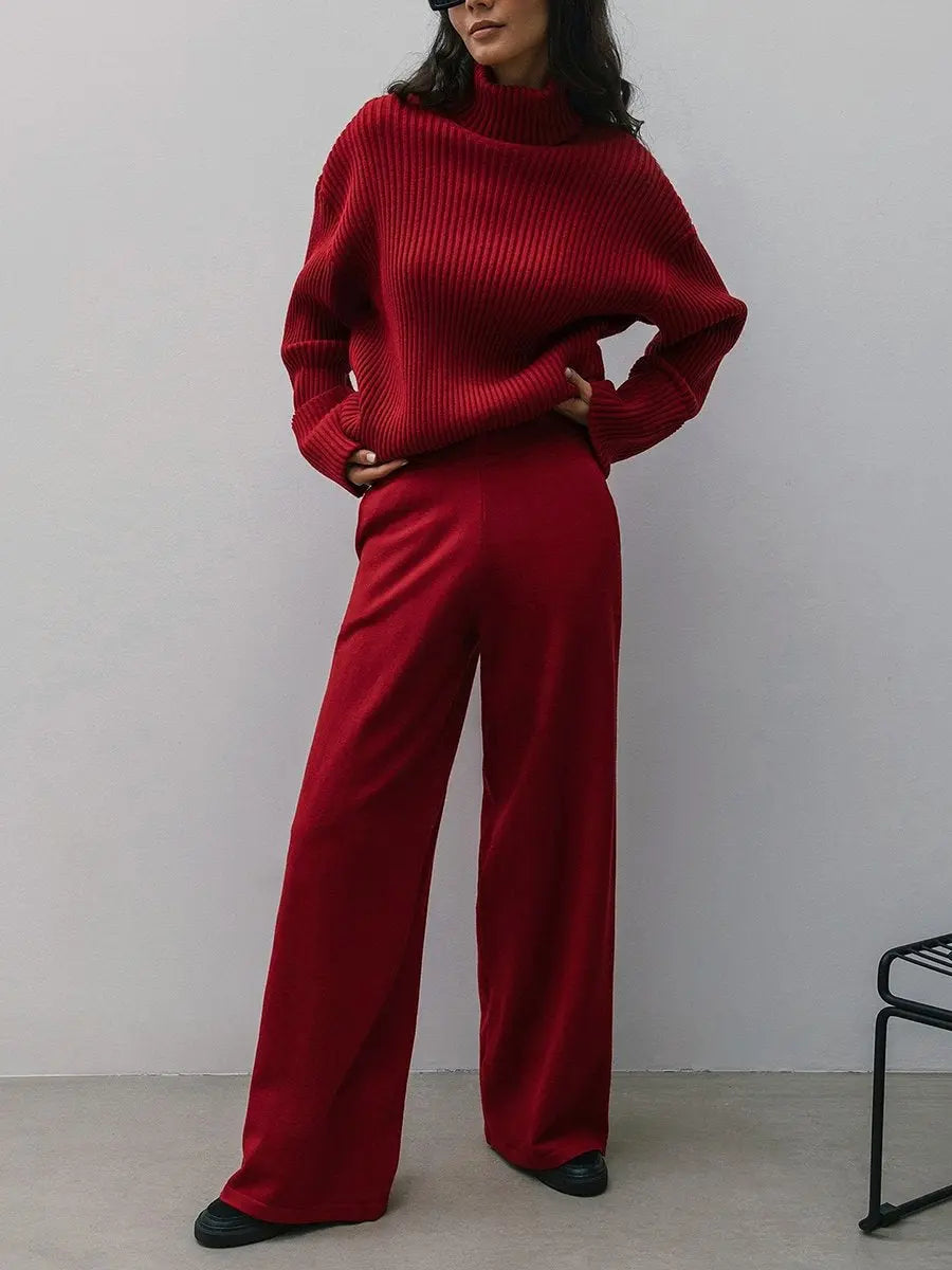 High Neck Irregular Sweater And Straight Pants Sets