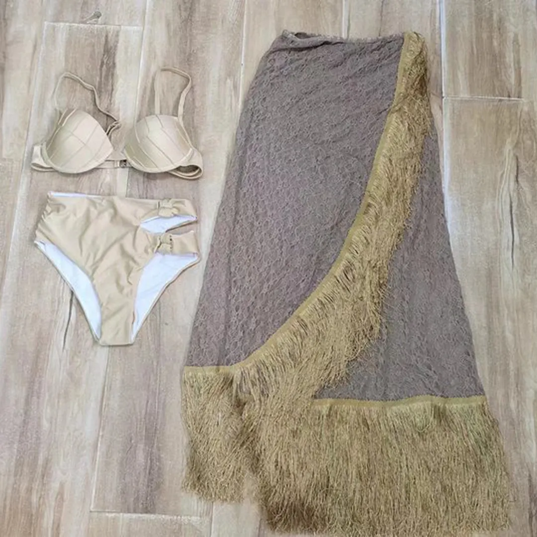 Churchf 2025 New Three-Point High-Waisted Bikini Half-Dress Three-Piece Solid Color Split Body Swimsuit