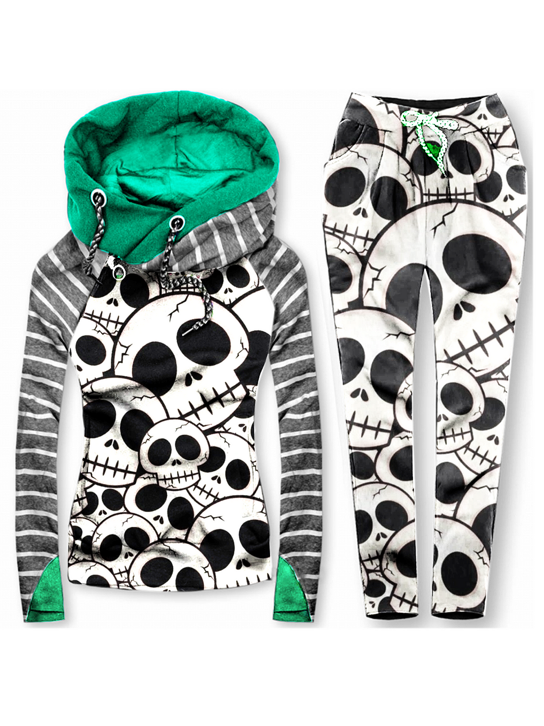 Printed Contrast Punk Casual Hooded Sweatshirt Pants Suit