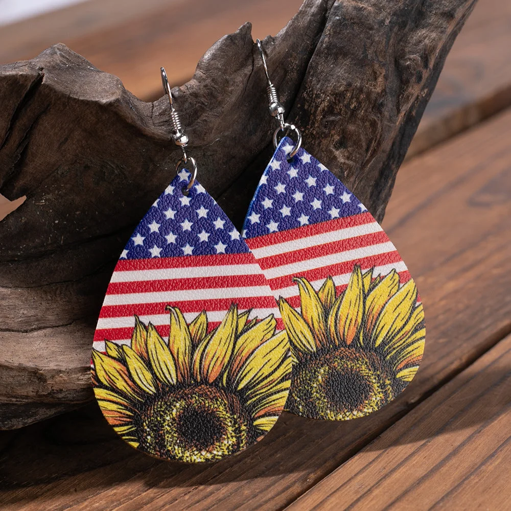 American Flag Sunflower Leather Earrings