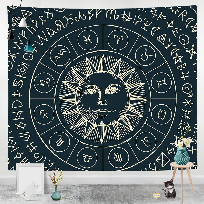 Sun Moon Mandala witchcraft Tapestry White Black Wall Hanging Bohemian Gypsy Psychedelic Tapiz Witchcraft Astrology Tapestry