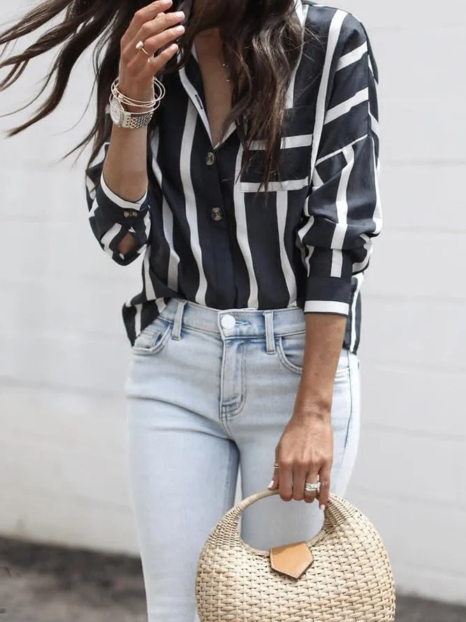 Plus Size V Neck Striped Long Sleeve Casual Shirts Tops