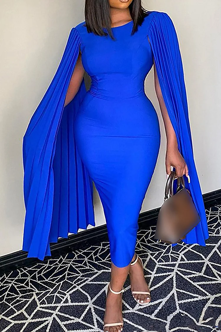 Plus Size Formal Dress Royal Blue Cape Sleeve Round Neck Midi Dress 