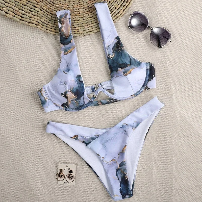 Women Print Bikini 2021 Summer New Marble Printed Push Up Bandeau Swimsuits Sexy High Waist Beach Sport Bathing Suit Biquinis