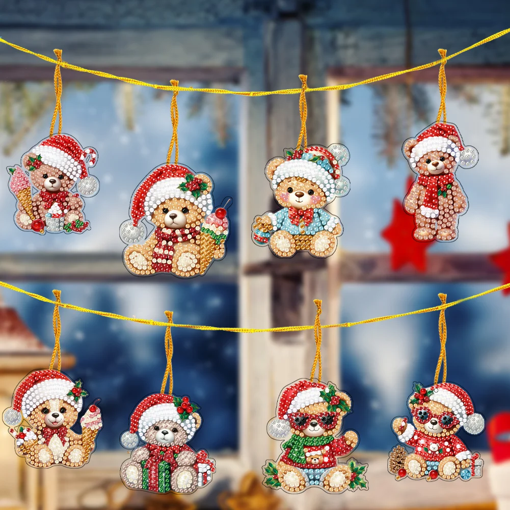 5D DIY 8Pcs Christmas Bears Diamond Painting Christmas Tree Pendant for Xmas Tree 