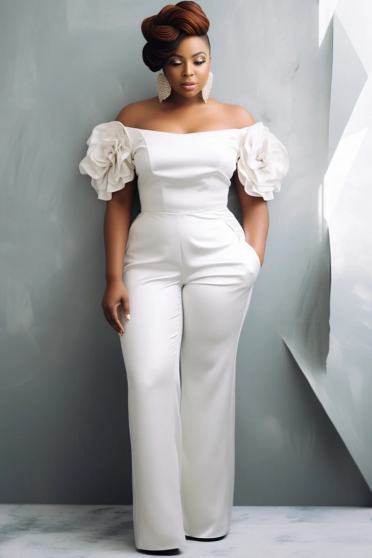 Xpluswear Design Plus Size Formal White Elegant Off The Shoulder Short Sleeve 3D Pocket Jumpsuits [Pre-Order] 2024 - Xpluswear