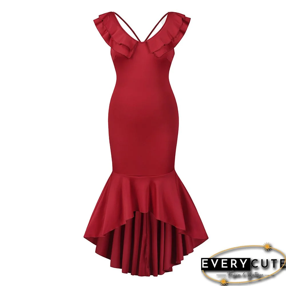 Red Mermaid Hem Ruffle Sleeveless High Low Evening Dress