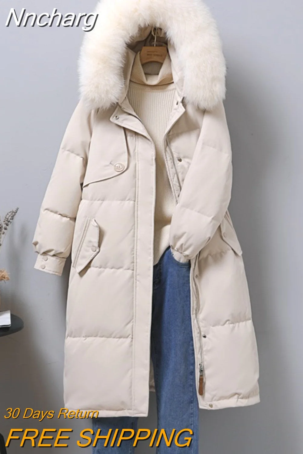 Nncharge Winter Women Large Real Fur Collar Hooded Long Jacket Casual Loose Parka Outwear Female 90% White Duck Down Coat