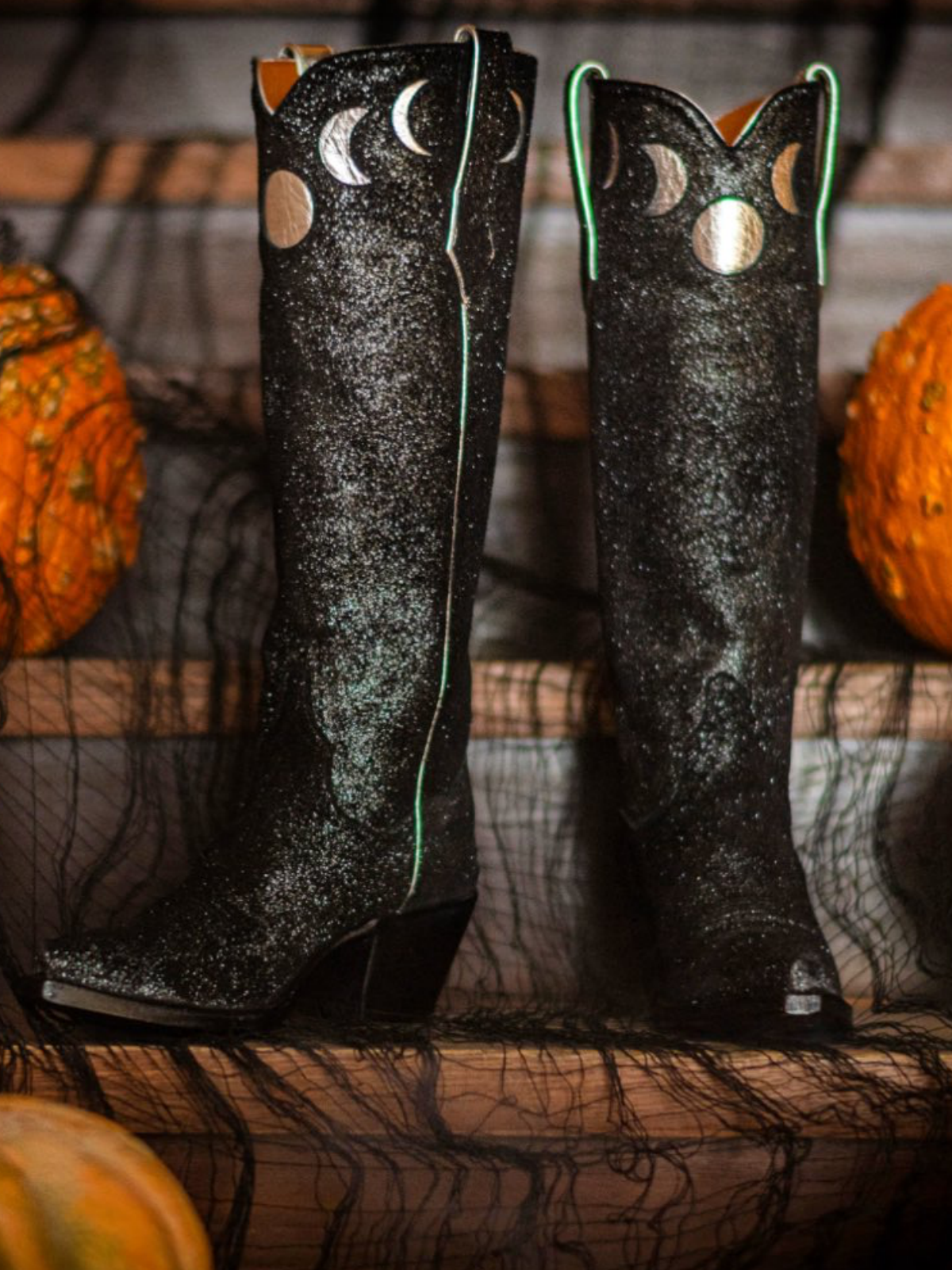 Taafo Black Glitter Snip-Toe Moon Inlay Wide Mid Calf Tall Cowgirl Boots