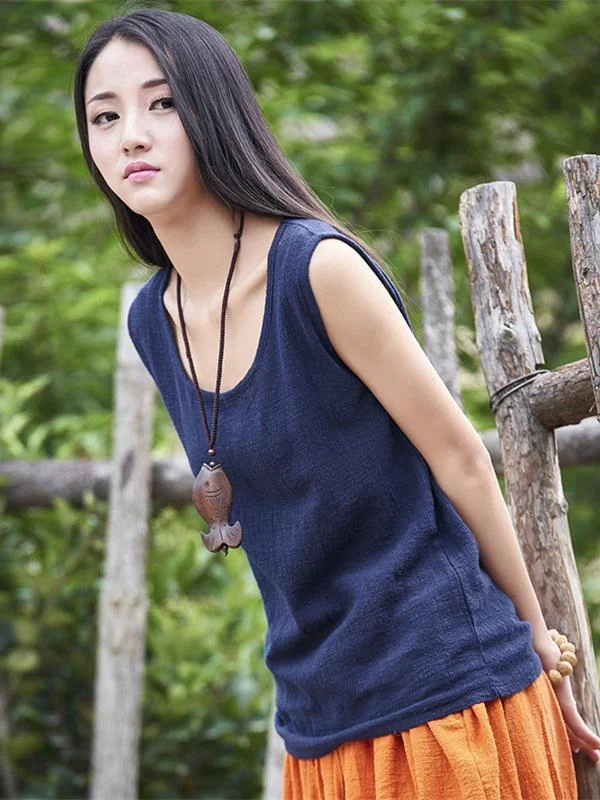 Soft Solid Color Sleeveless Ramie Cotton T-shirt