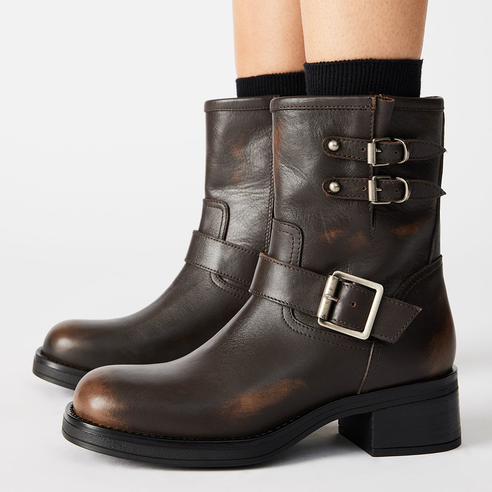 Dark Brown Buckle Ankle Boots