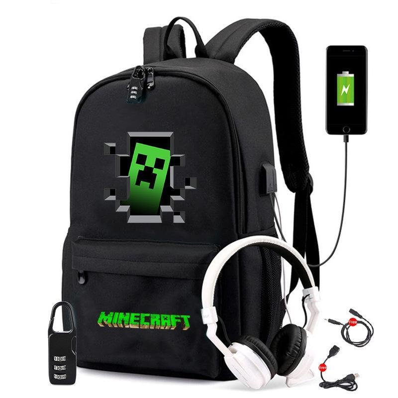 Minecraft Backpack USB Charging Port Headphone Interface Backpack Outdoor Travel School Bag Boys Girls Use