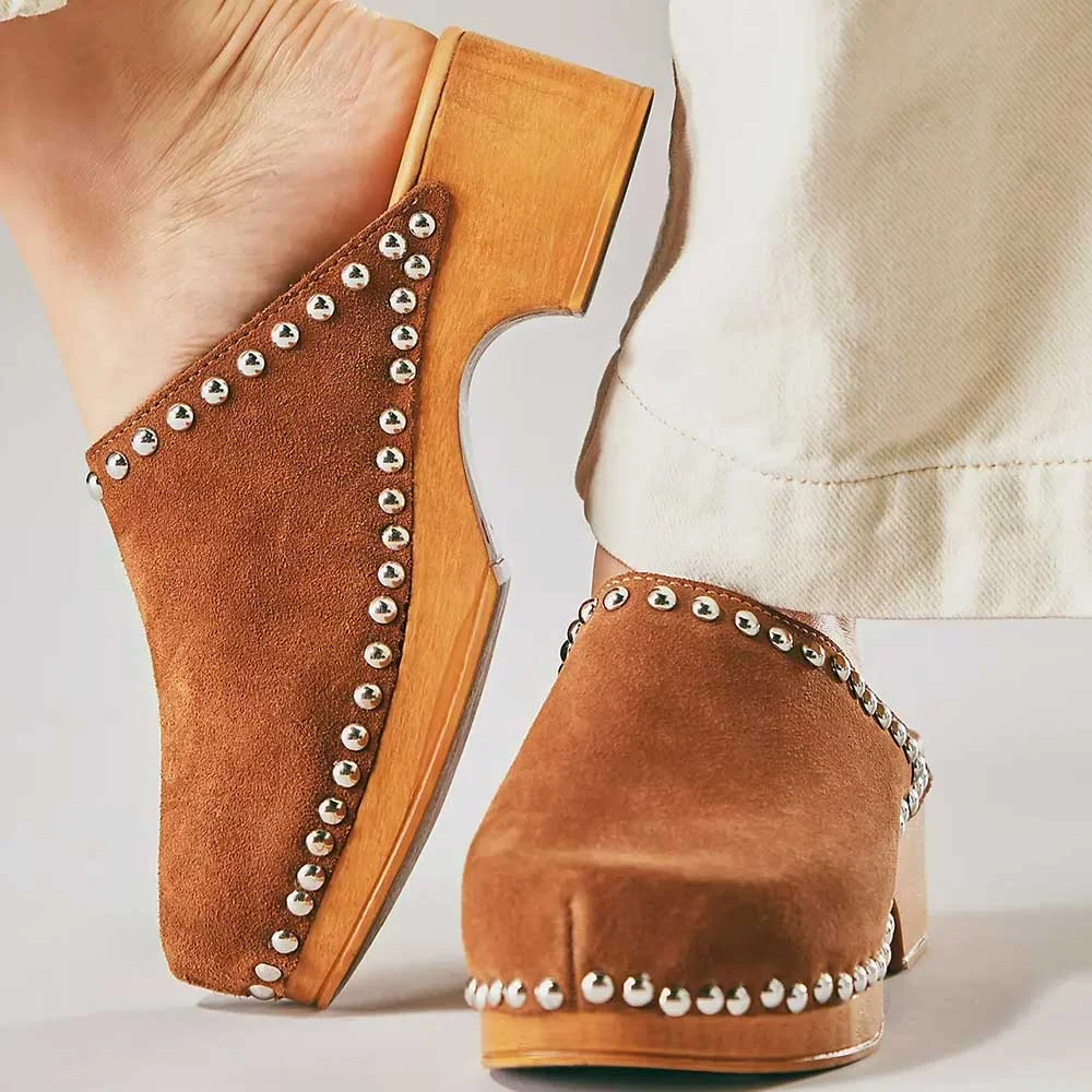 Brown Vegan Suede Round Toe Platform Heeled Mules with Studded