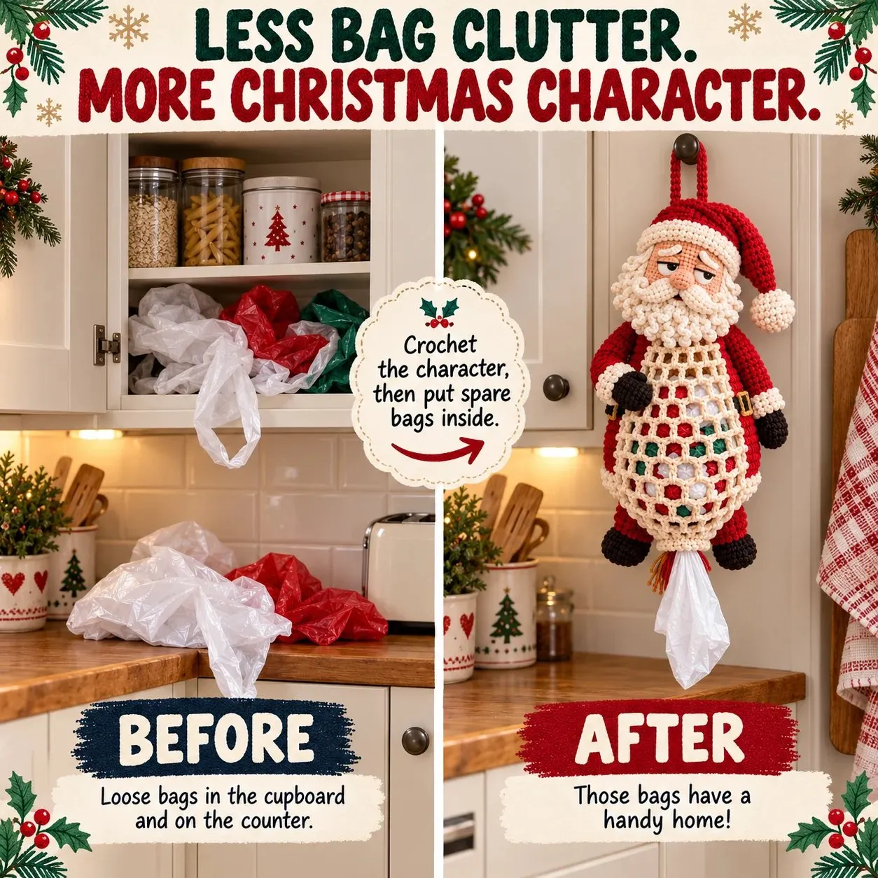 Before and after view of loose shopping bags stored in the Santa crochet holder