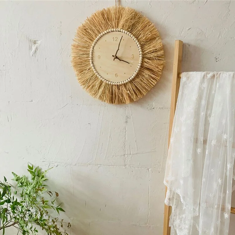 Hand Woven Raffia Straw Wall Clock INS Nordic Minimalist Wooden Mute Clocks For Baby Kids Room Decorations Figurines Photo Props