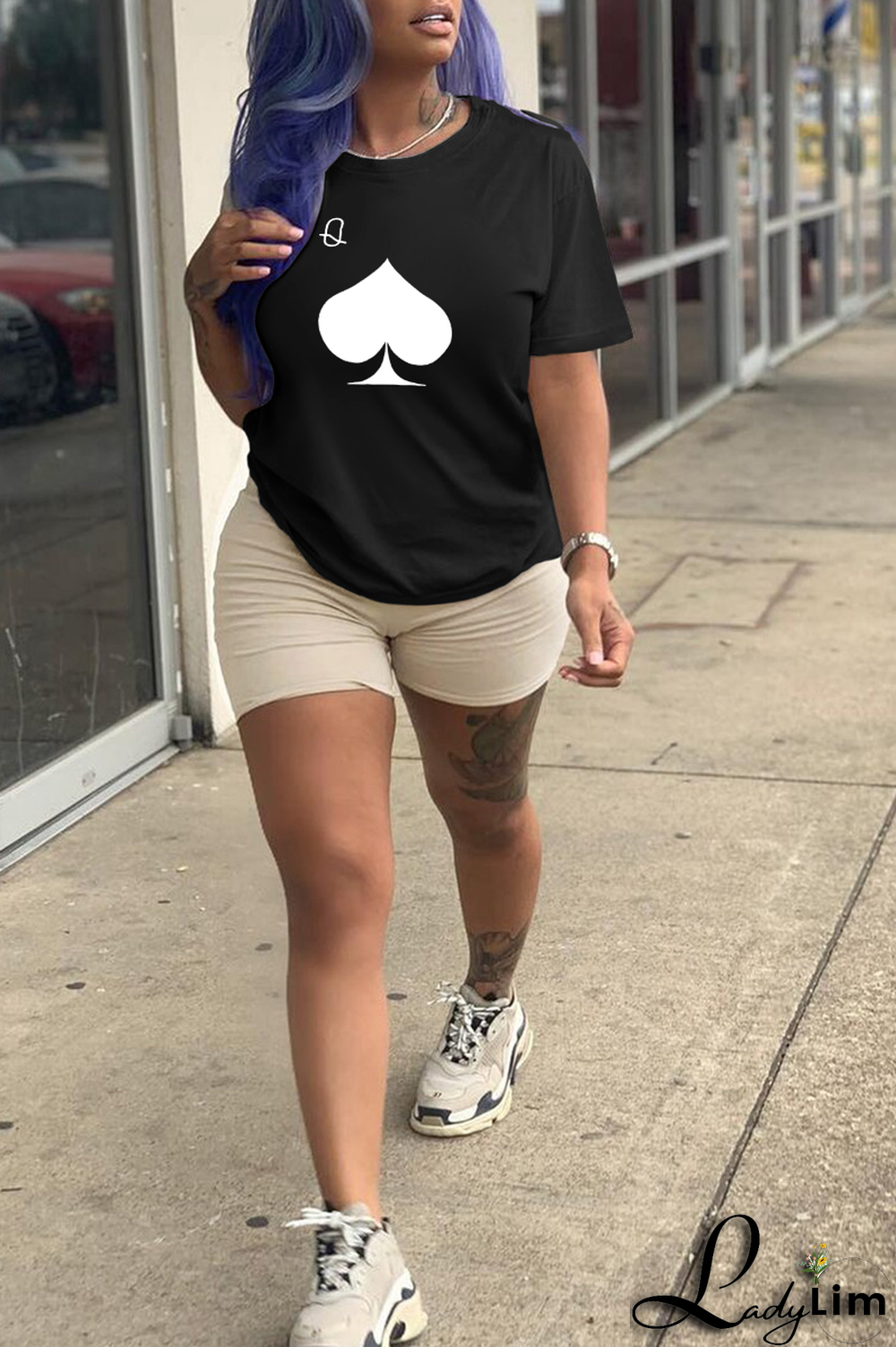 Navy Blue Fashion Casual Print Split Joint O Neck T-Shirts