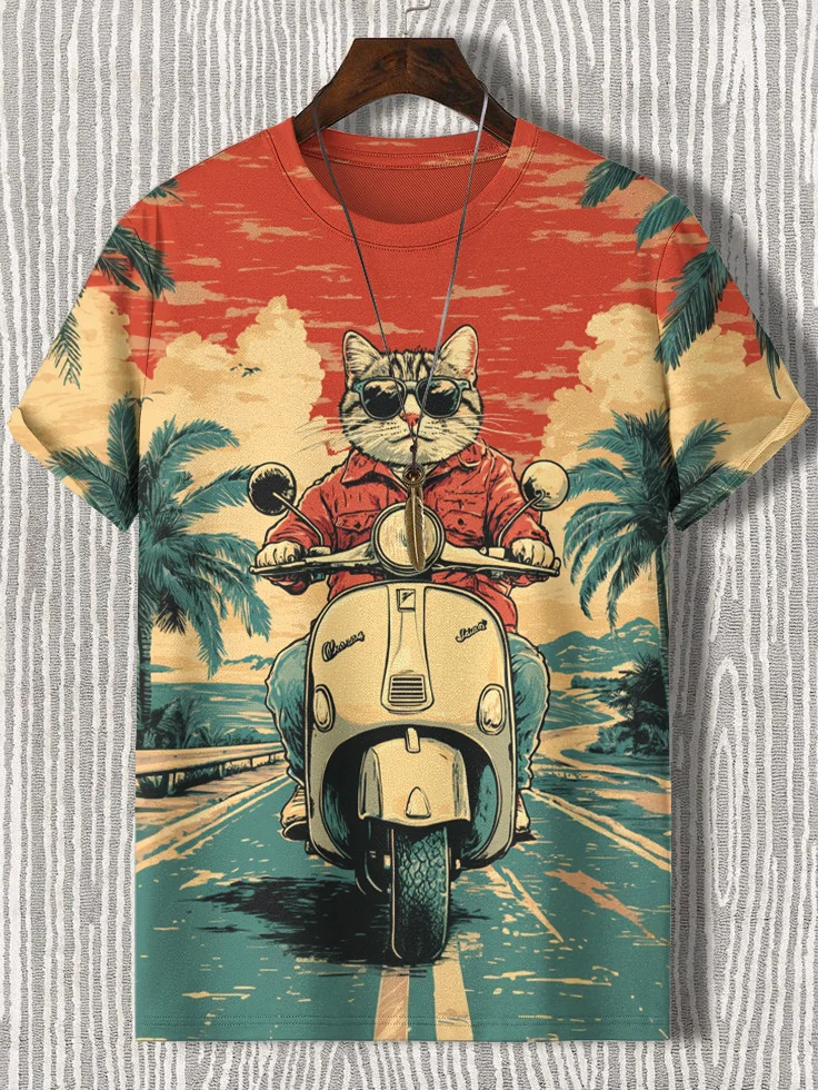 Men's Cat Vespa Travel Illustration Print Casual T-Shirt