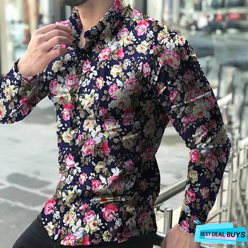 Men Fashion Spring Autumn Long Sleeve Floral Printed Shirts