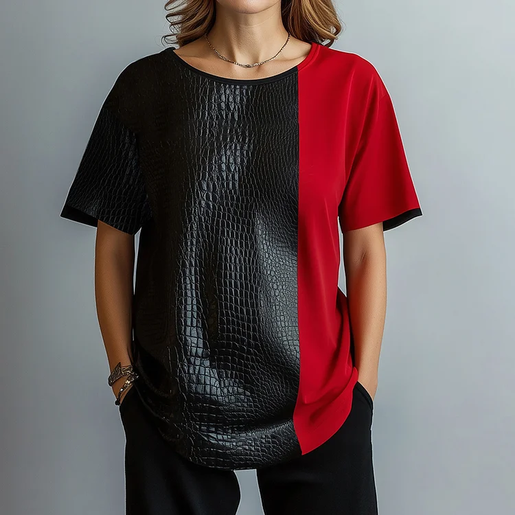 Ursime Alligator Pattern PU Leather Patchwork Short Sleeve T-Shirt