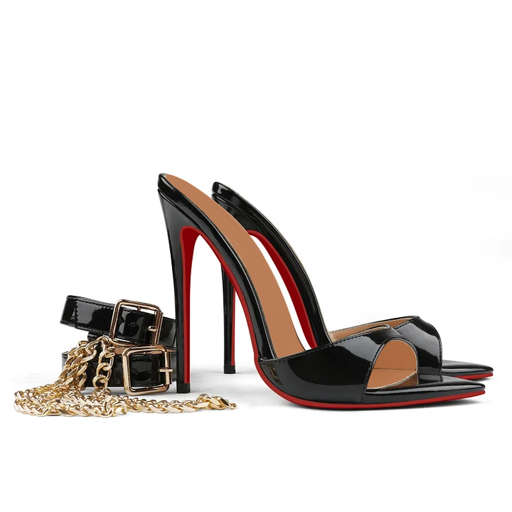 120mm Women's Sandals Removable Chain Ankle Strap Pointed Toe Mules Heels-vocosishoes