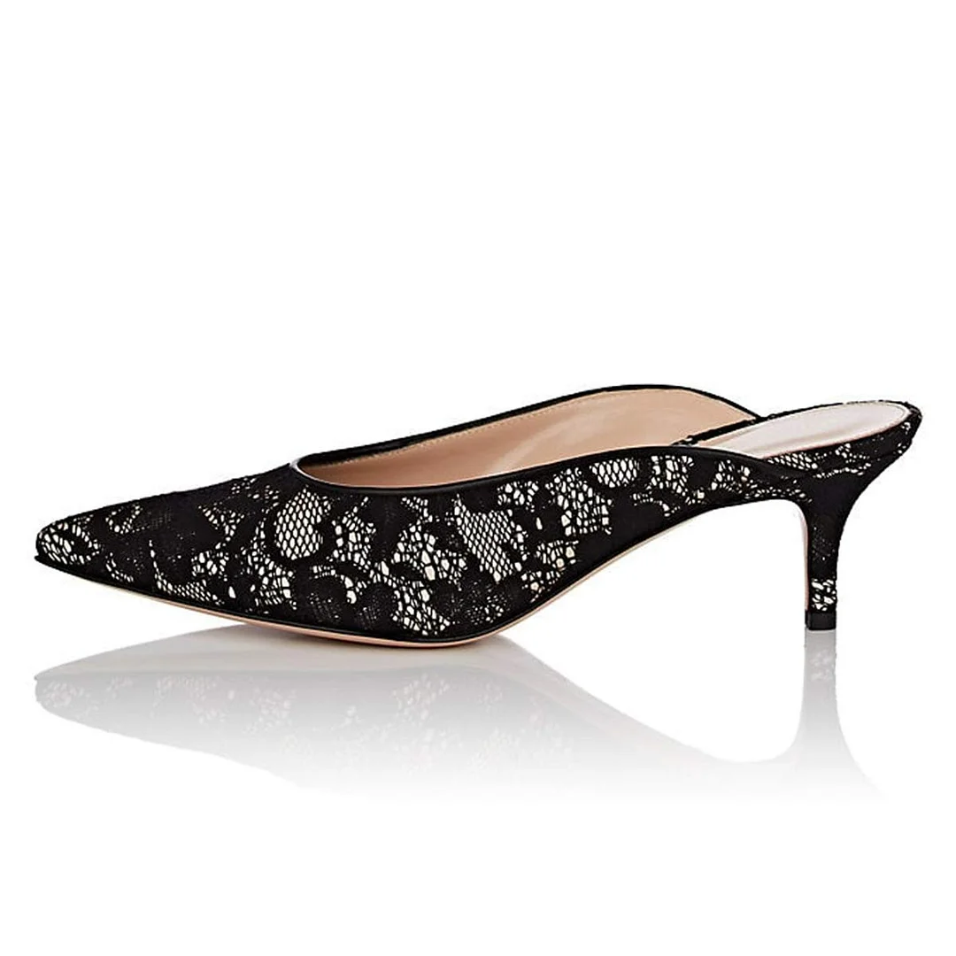 Sexy Black Lace Pointed Toe Slip-On Kitten Heeled Mules By YDN