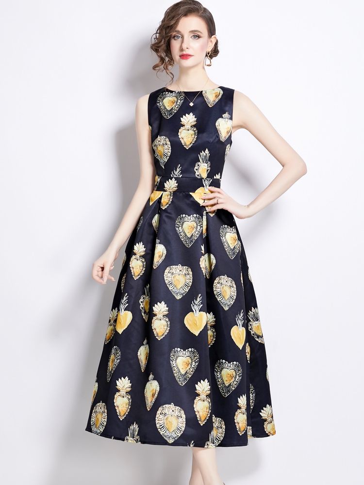 Elegant Crown Flower Print Satin A-Line Party Dresses Women Summer Vest Sleeveless Birthday Graduation Midi Tank Robe Vestidos