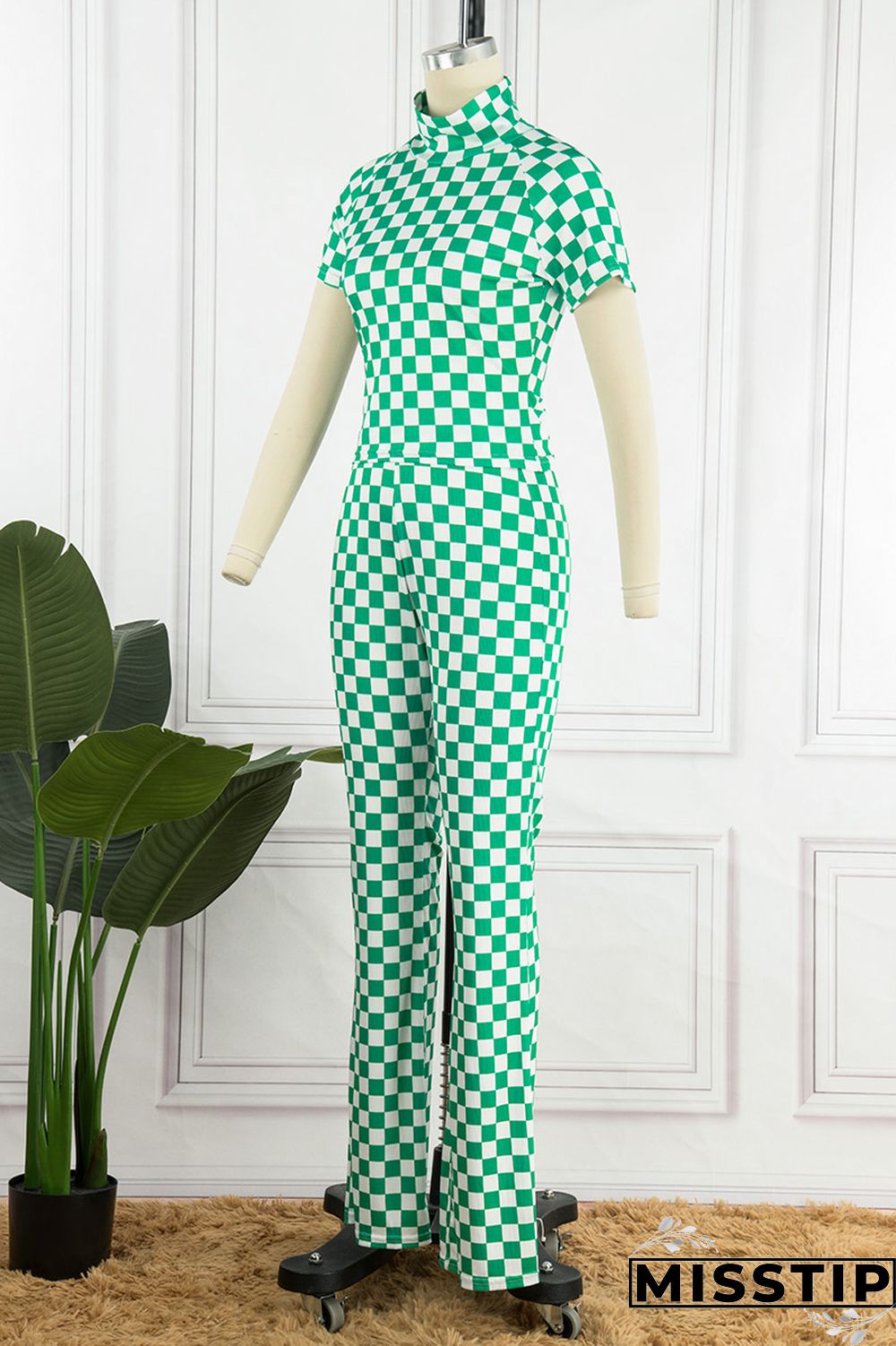 Green Casual Plaid Print Basic Half A Turtleneck Short Sleeve Two Pieces