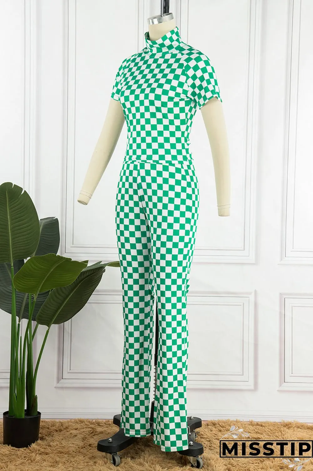 Green Casual Plaid Print Basic Half A Turtleneck Short Sleeve Two Pieces