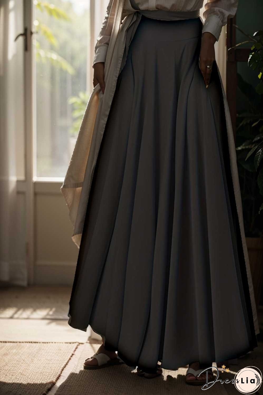 casual pleated pockets high waist loose maxi dress