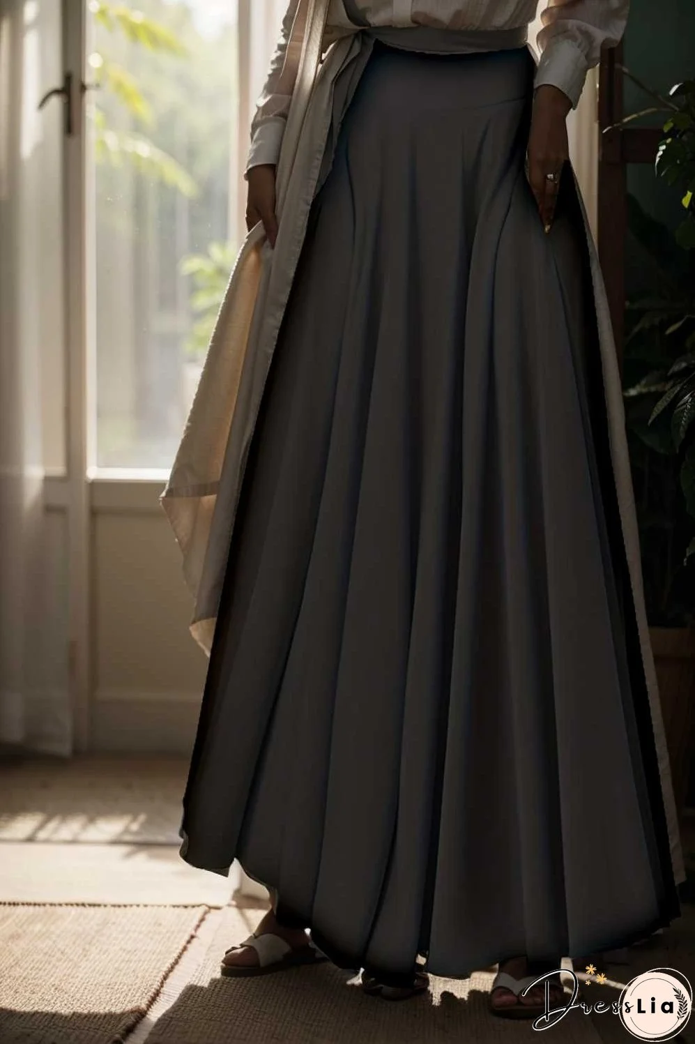 casual pleated pockets high waist loose maxi dress