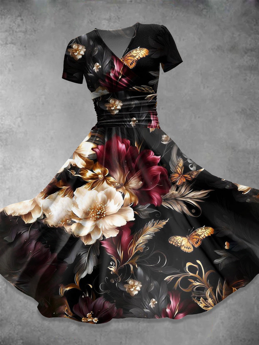 Retro Flower Print V-Neck Short Sleeve Midi Dress