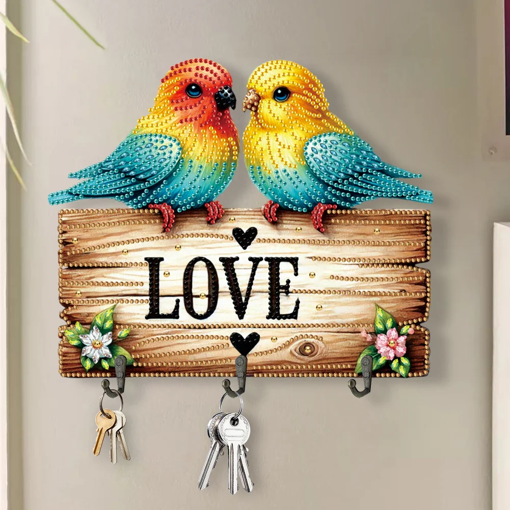 5D DIY Love Bird 3 Hooks Special Shape Diamond Painting Wooden Hook Rail for Wall
