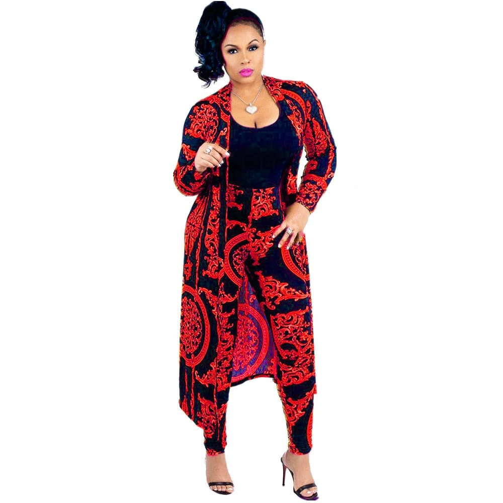 Women's tracksuit fashion sexy long sleeve X-long national print trench coat skinny leggings 2 piece sets suits outfits X9041