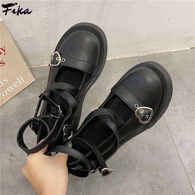 Sweet Lolita Shoes Women Platform Round Head Thick Heel Cross Bandage Leather Mary Janes Shoes Heart Buckle Cosplay Kawaii Shoes