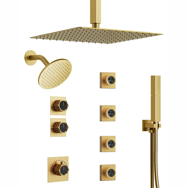 EVERSTEIN 12" & 6" Thermostatic Shower System with Body Jets Brushed Gold