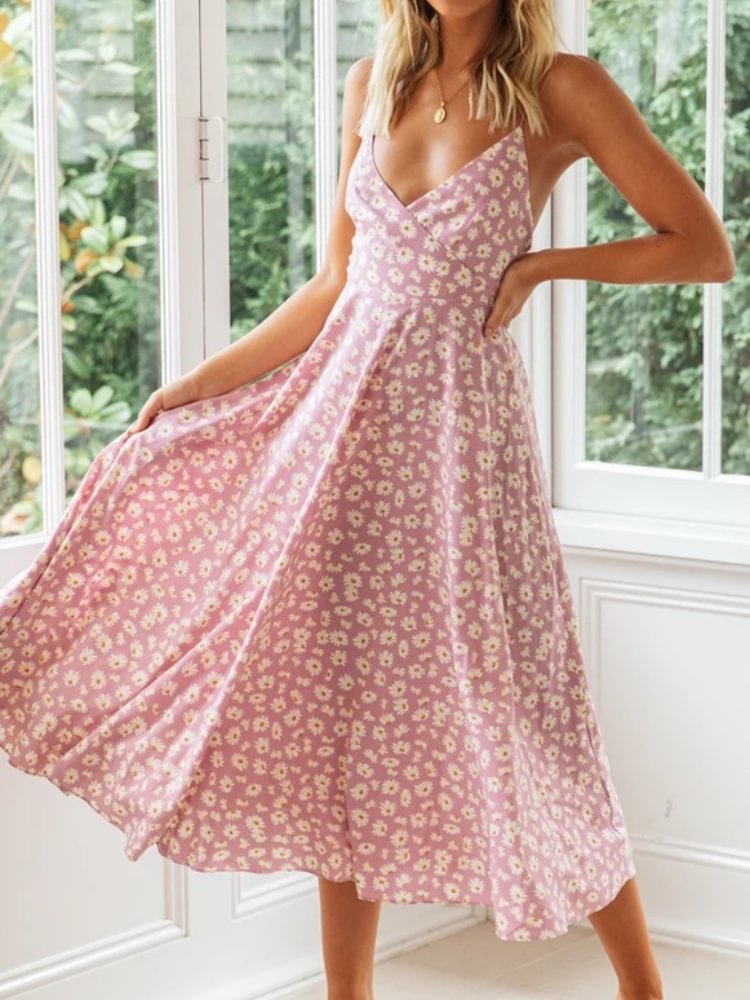 Artwishers Daisy Floral V Neck Wide Skirt Maxi Dress