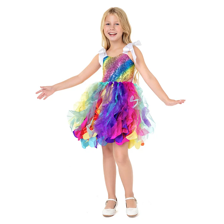 Kids Children Sequin Spiral Rainbow Tutu Dress Outfits Cosplay Costume 
