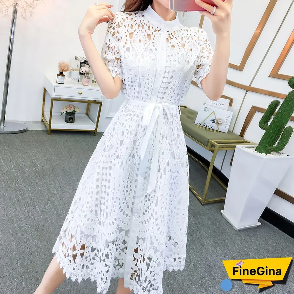 SMTHMA New Spring / Summer Runway Women's Clothings Pleated Stand Collar Short Sleeve Single Breasted Polka Dot Lace Dress