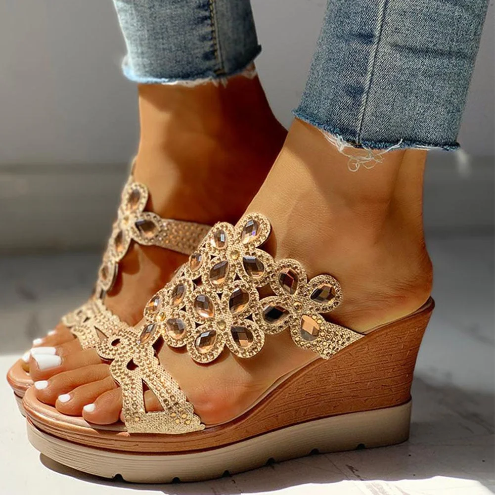 2021 Dropship Wedge High Heels Sandal Leisure Platform Rhinestones Summer Slip on Mules Slippers Women Shoes Woman