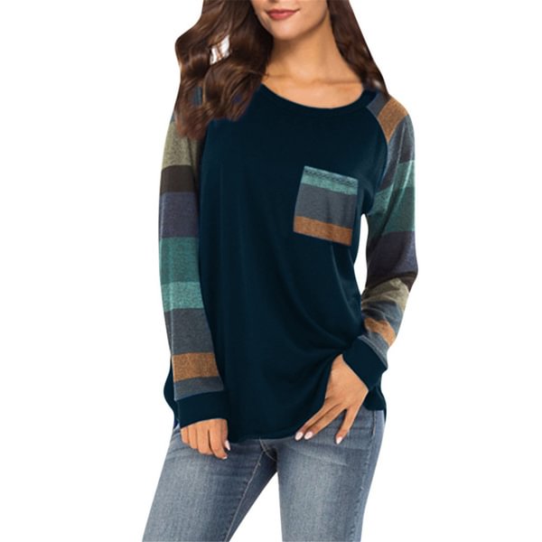 Women Spring-Autumn Stripe Sleeve Patchwork Casual Top T-Shirt Loose Long Sleeve Blouse S-XXL - Chicaggo