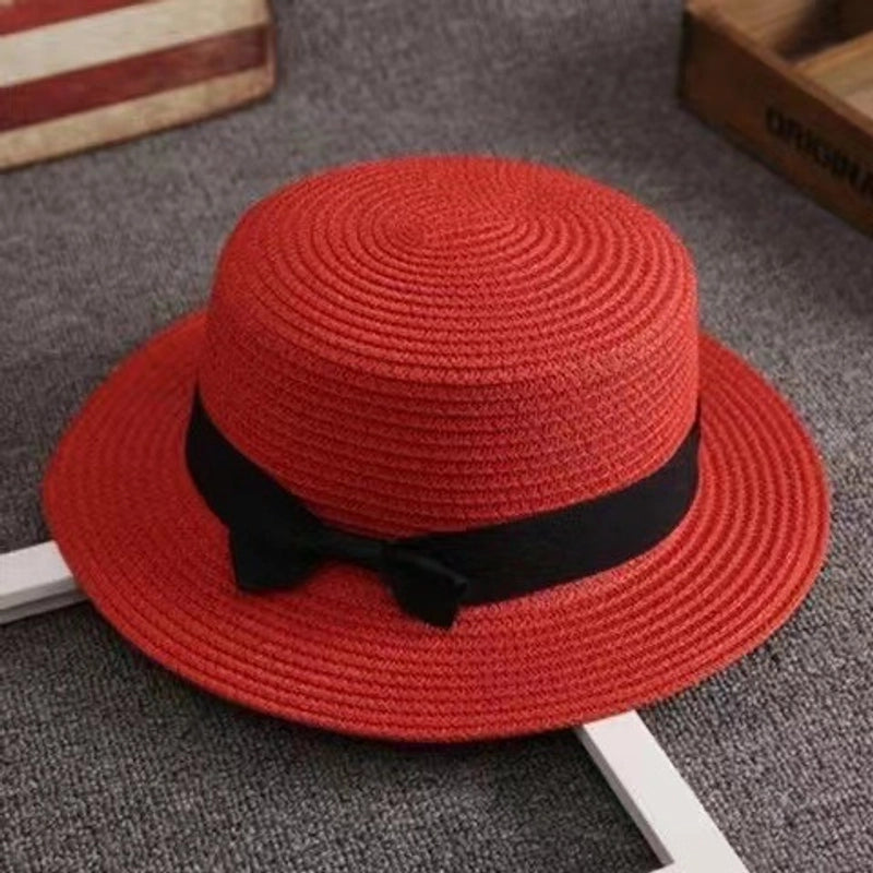 Straw Hat Summer Travel Bow Big Flat Top Hat Sunshade Sun Protection Retro Small Top Hat Beach Hat