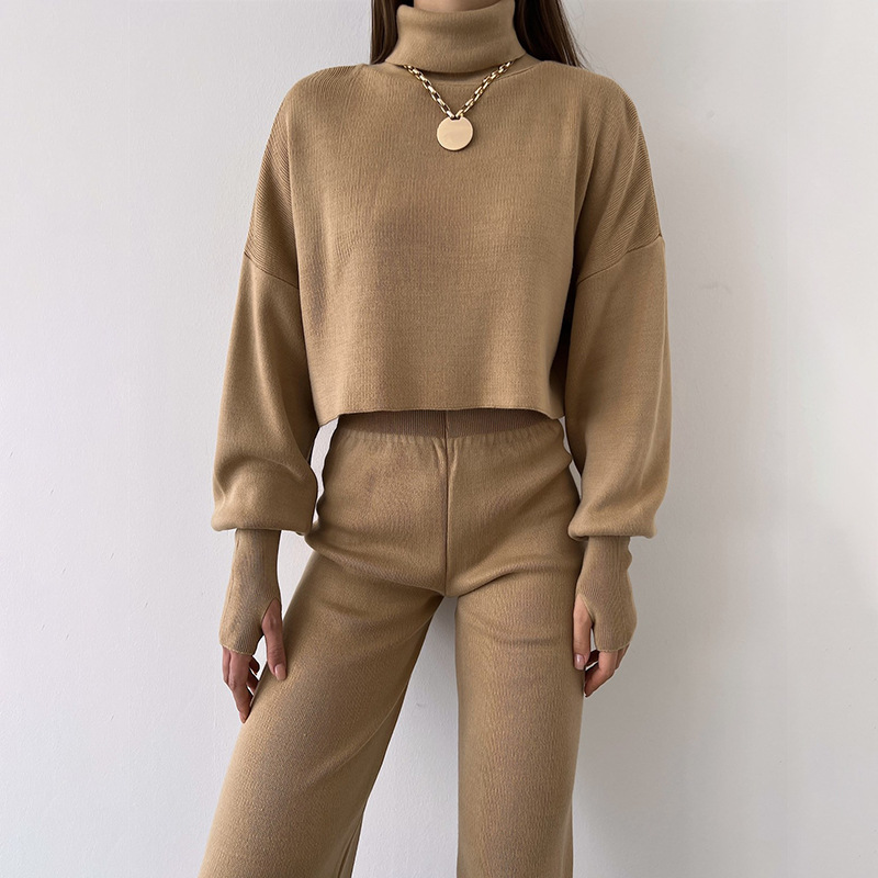 Ootddress Turtleneck Two Piece Outfits For Women Lantern Sleeve Cropped Top And Straight Leg Pants Sets Tracksuit Casual Outfits